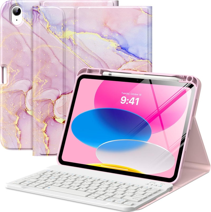 MoKo for iPad (A16) 11th Generation Case with Keyboard 11 inch 2025, iPad 10th Generation 10.9 inch Case with Pencil Holder, Multi-Angle Detachable Bluetooth Keyboard, Light Pink Gold Marble - Image 1